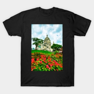 Sacre Coeur Basilica, Red Flowers, Paris, France T-Shirt